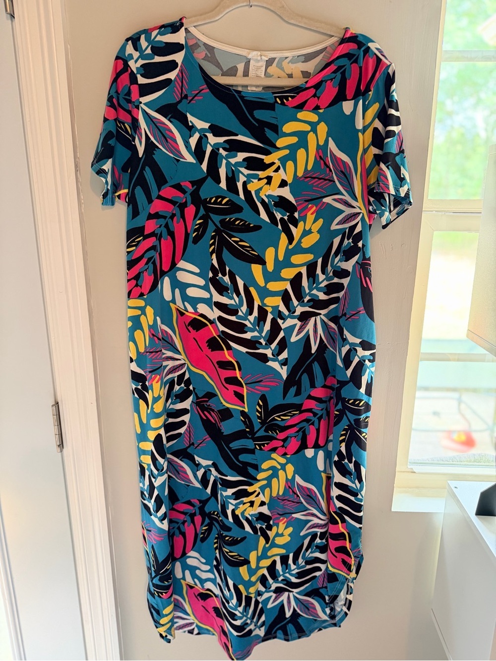P & Rose Tropical Leaf Print Short Sleeve Dress - Blue/Multi